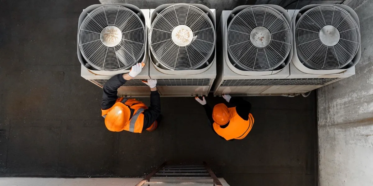 Overhead view of two HVAC technicians servicing commercial air conditioning condenser units