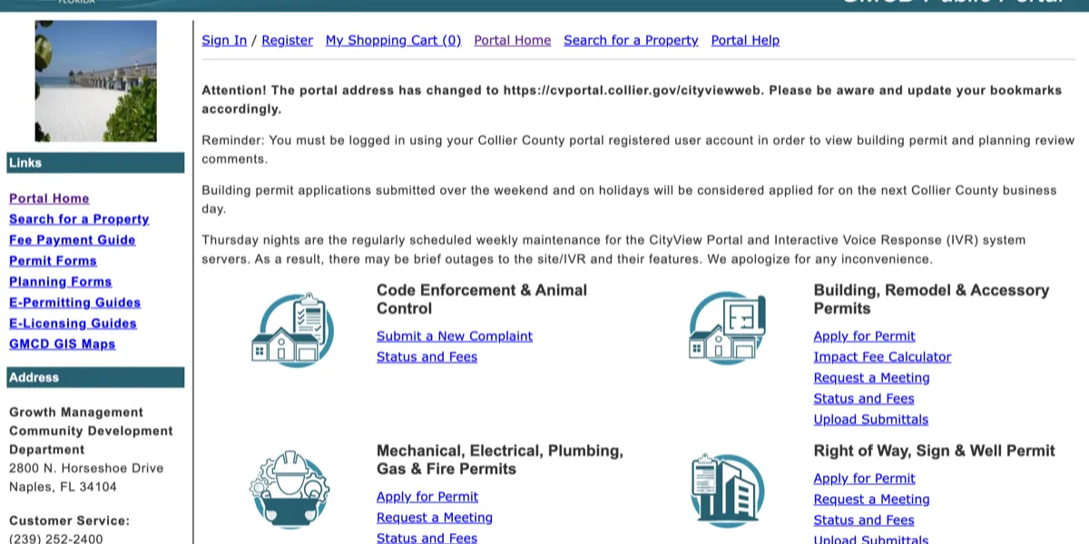 Screenshot of the Collier County CityView online permit portal homepage