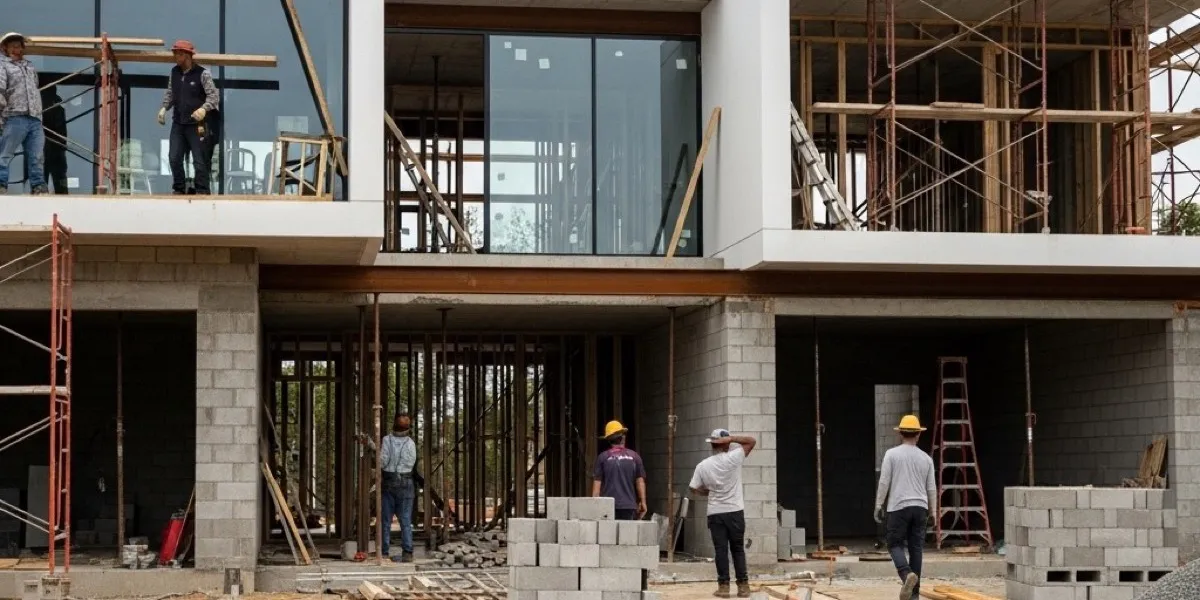 Construction workers building a two-story concrete block structure with scaffolding